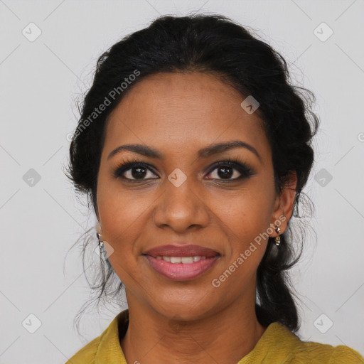 Joyful black young-adult female with long  brown hair and brown eyes