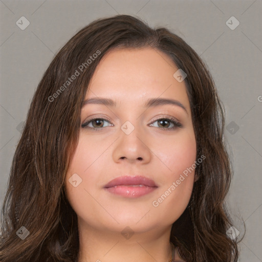 Neutral white young-adult female with long  brown hair and brown eyes