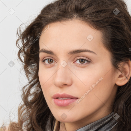 Neutral white young-adult female with long  brown hair and brown eyes