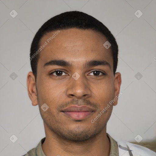 Neutral latino young-adult male with short  brown hair and brown eyes