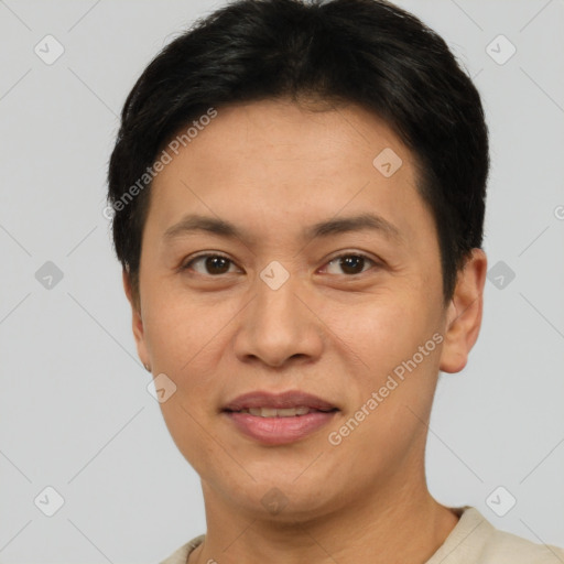 Joyful white adult female with short  brown hair and brown eyes