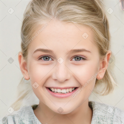 Joyful white child female with medium  brown hair and blue eyes