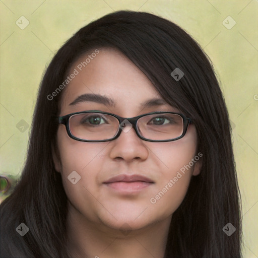 Joyful white young-adult female with long  black hair and brown eyes