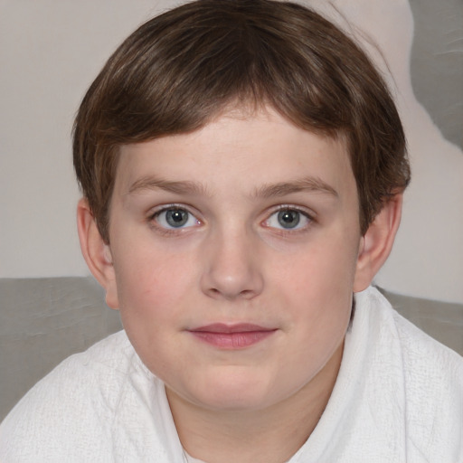 Joyful white child female with medium  brown hair and grey eyes