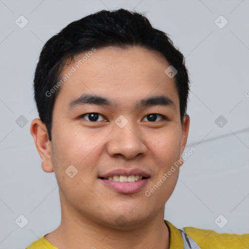 Joyful white young-adult male with short  black hair and brown eyes