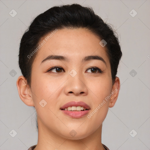 Joyful asian young-adult female with short  brown hair and brown eyes