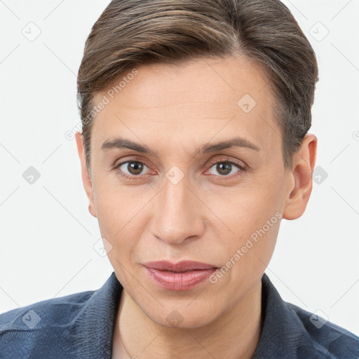 Joyful white young-adult female with short  brown hair and brown eyes