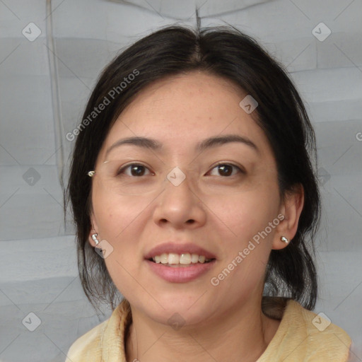 Joyful white adult female with medium  brown hair and brown eyes