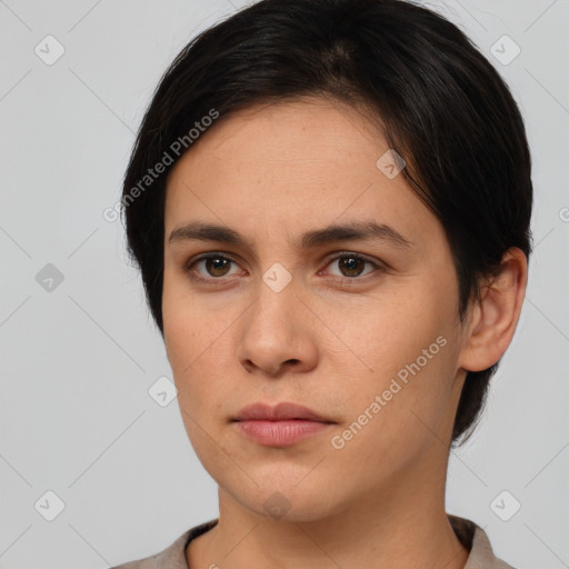 Neutral white young-adult female with medium  brown hair and brown eyes