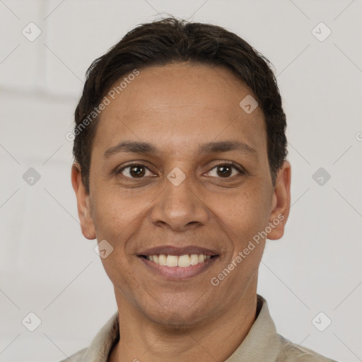 Joyful white adult female with short  brown hair and brown eyes