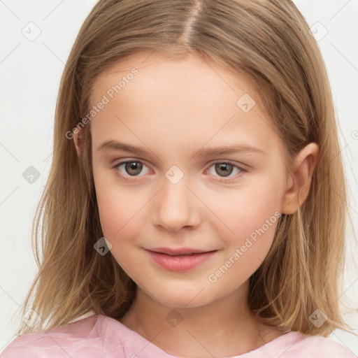 Joyful white child female with medium  brown hair and brown eyes