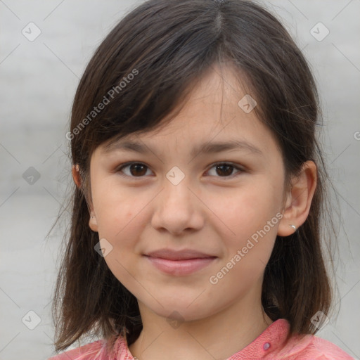 Joyful white child female with medium  brown hair and brown eyes