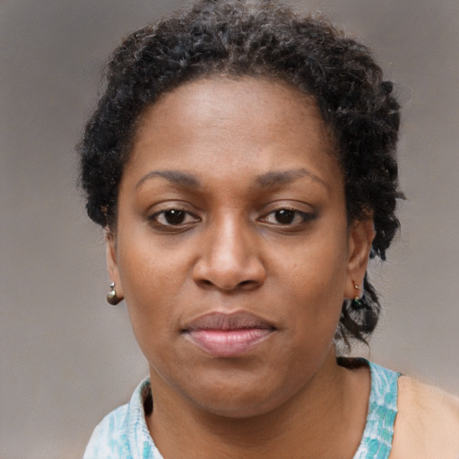 Neutral black adult female with short  brown hair and brown eyes