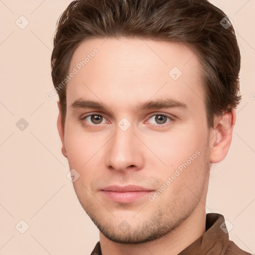 Neutral white young-adult male with short  brown hair and brown eyes