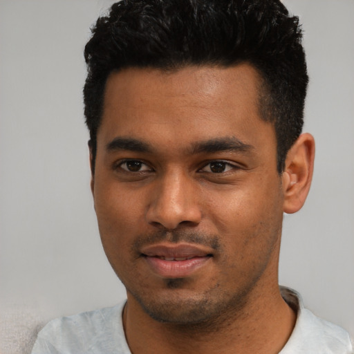 Neutral latino young-adult male with short  black hair and brown eyes