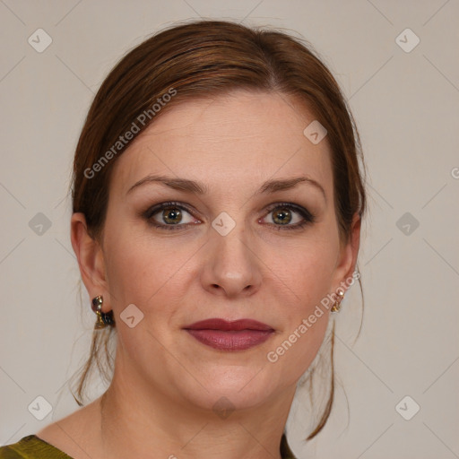 Joyful white young-adult female with medium  brown hair and blue eyes