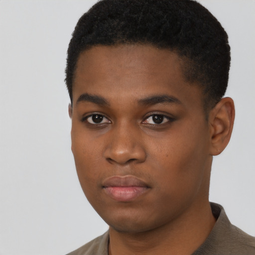 Neutral black young-adult male with short  black hair and brown eyes