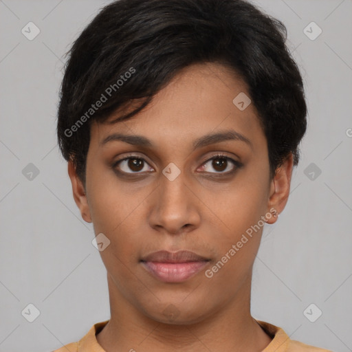 Neutral latino young-adult female with short  black hair and brown eyes