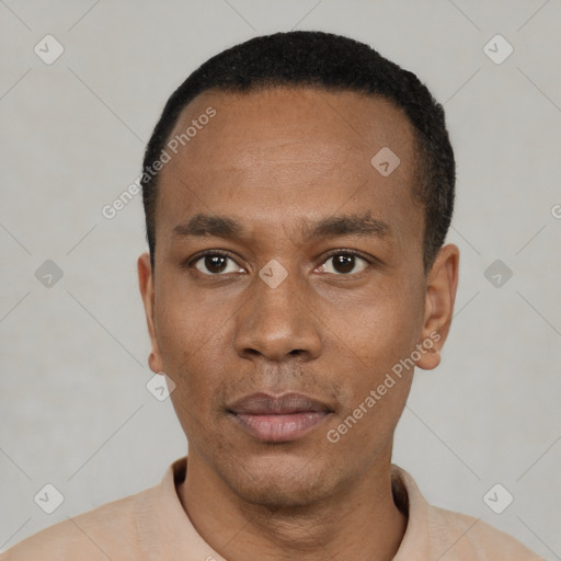 Neutral black young-adult male with short  black hair and brown eyes