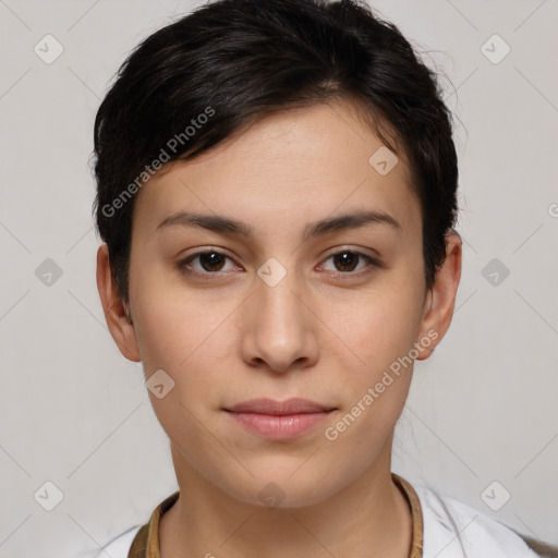 Joyful white young-adult female with short  brown hair and brown eyes