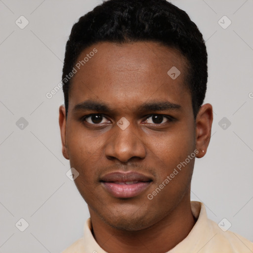 Neutral latino young-adult male with short  black hair and brown eyes