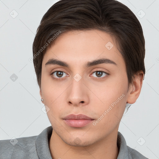 Neutral white young-adult male with short  brown hair and brown eyes