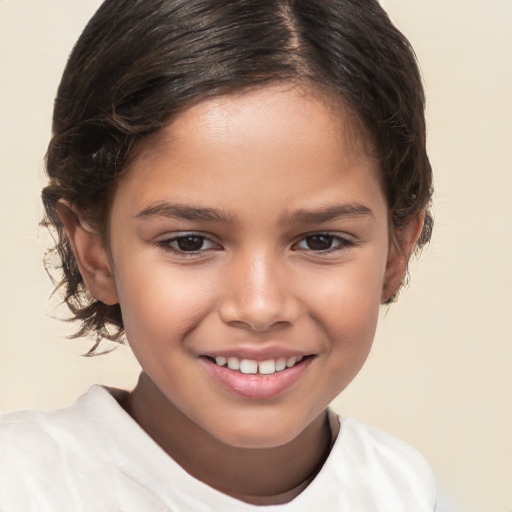 Joyful white child female with medium  brown hair and brown eyes