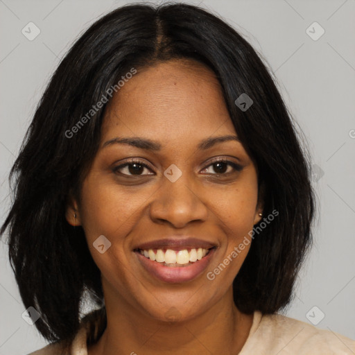 Joyful black young-adult female with medium  brown hair and brown eyes