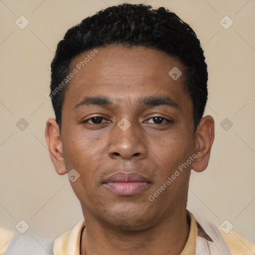 Neutral latino young-adult male with short  black hair and brown eyes