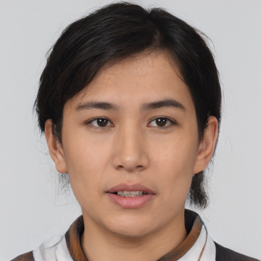 Neutral asian young-adult female with medium  brown hair and brown eyes