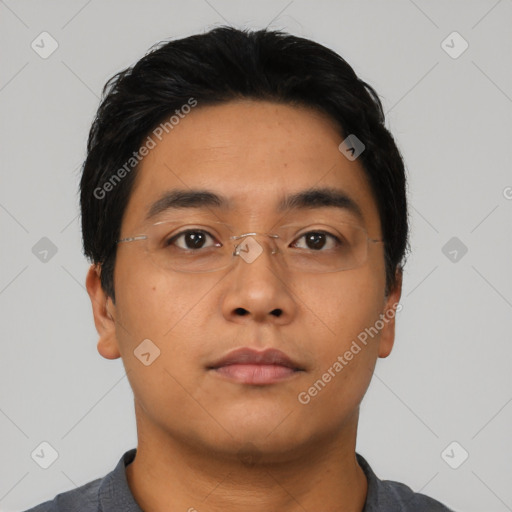 Neutral asian young-adult male with short  black hair and brown eyes