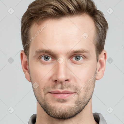 Neutral white young-adult male with short  brown hair and grey eyes