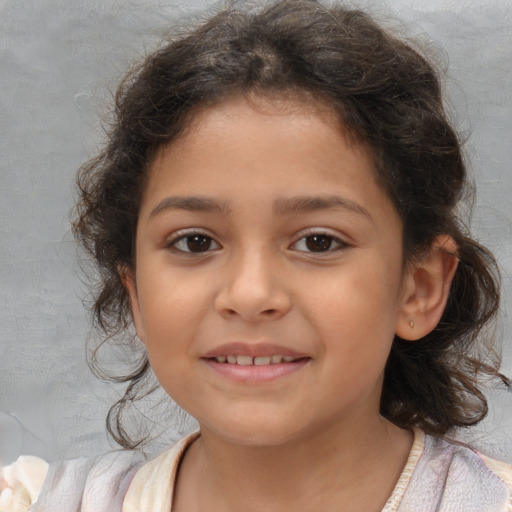 Joyful white child female with medium  brown hair and brown eyes