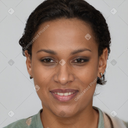Joyful latino young-adult female with short  brown hair and brown eyes