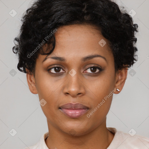 Neutral black young-adult female with short  black hair and brown eyes