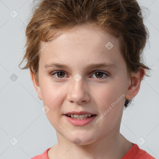 Joyful white child female with short  brown hair and brown eyes