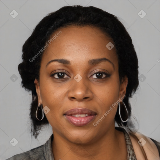 Joyful black young-adult female with medium  black hair and brown eyes