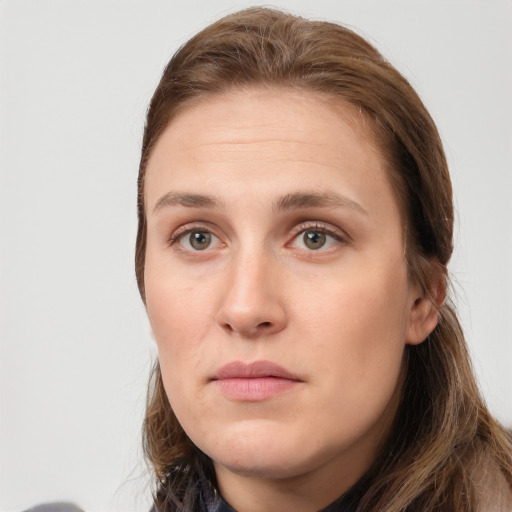 Neutral white young-adult female with long  brown hair and grey eyes