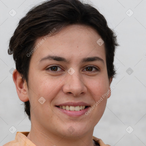 Joyful white young-adult female with short  brown hair and brown eyes