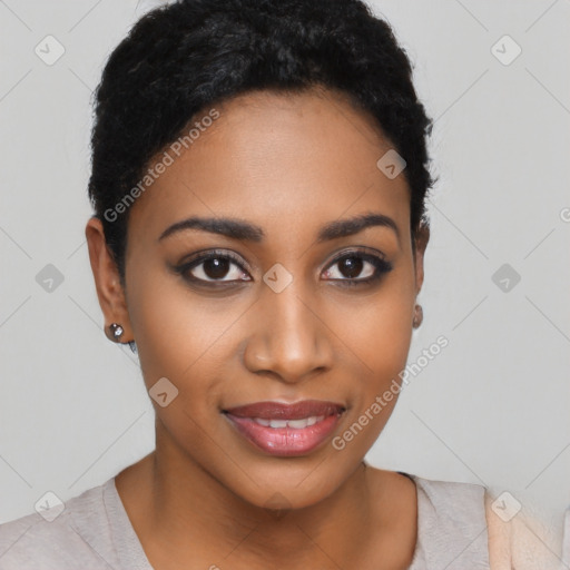 Joyful black young-adult female with short  black hair and brown eyes