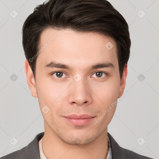 Neutral white young-adult male with short  brown hair and brown eyes