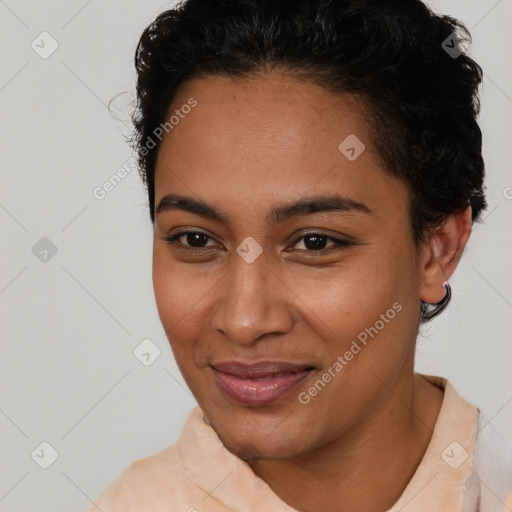 Joyful latino young-adult female with short  brown hair and brown eyes