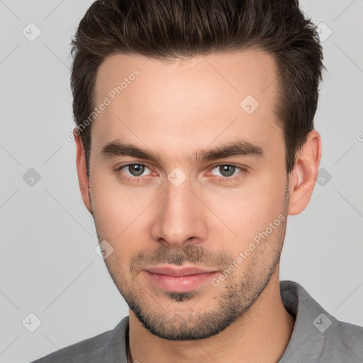 Neutral white young-adult male with short  brown hair and brown eyes