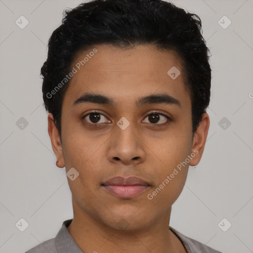 Neutral latino young-adult male with short  black hair and brown eyes