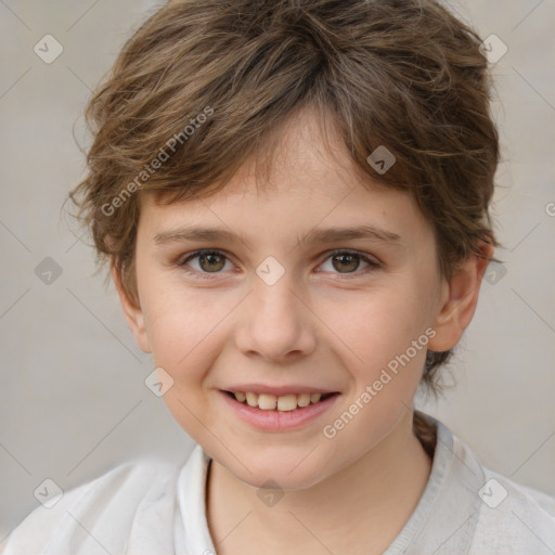 Joyful white child female with medium  brown hair and brown eyes