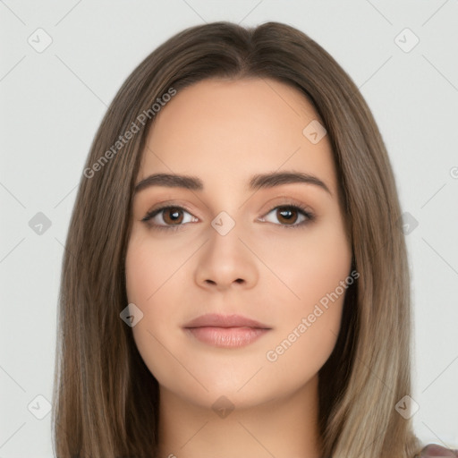 Neutral white young-adult female with long  brown hair and brown eyes