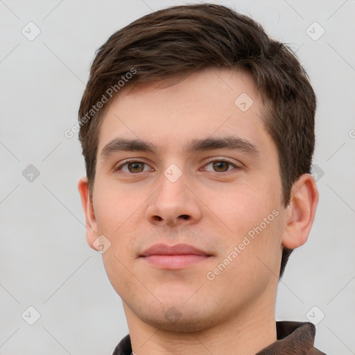 Neutral white young-adult male with short  brown hair and brown eyes