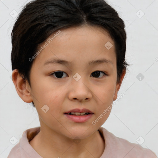 Joyful white child female with short  brown hair and brown eyes