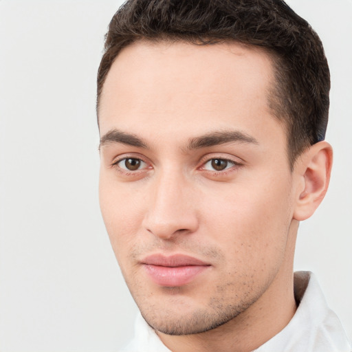 Neutral white young-adult male with short  brown hair and brown eyes