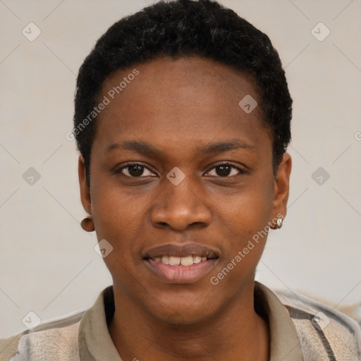 Joyful black young-adult female with short  black hair and brown eyes